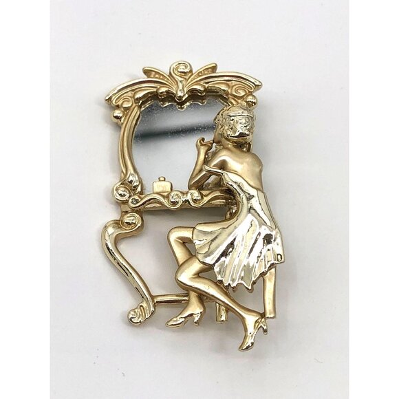 AJC Brooch Lady In Vanity Mirror Putting On Makeup Gold Tone Vintage - Picture 1 of 4